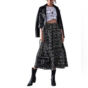 Catch Stitch Floral Print High Waist Frill A Line Flared Long Black Skirt M